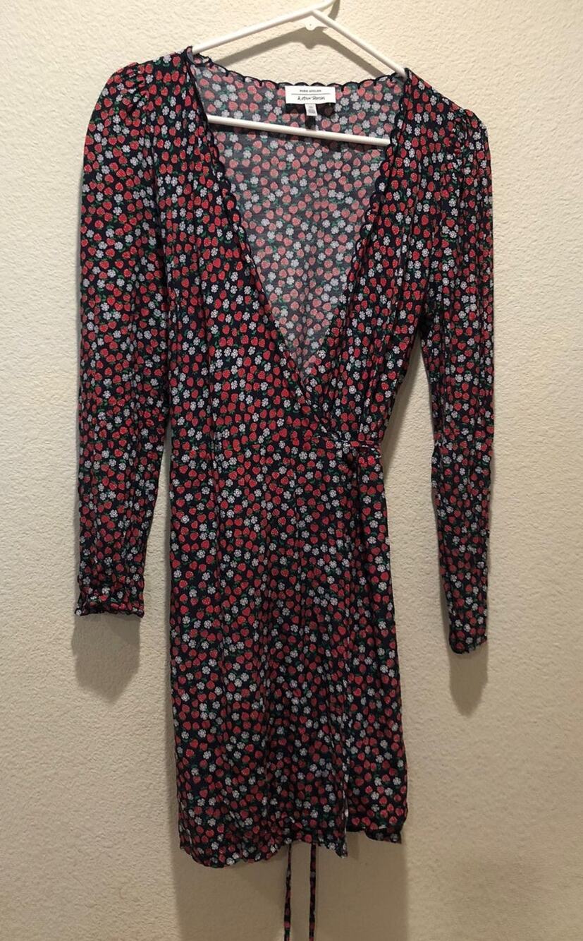 & Other Stories Black Multicolor Strawberry Print Wrap Mini Dress Size 6